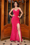 Sparkly Fuchsia Mermaid Spaghetti Straps V-Neck Sequin Long Prom Dress With Split Sparkly Fuchsia Mermaid Spaghetti Straps V-Neck Sequin Long Prom Dress With Split
