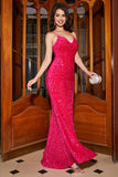 Sparkly Fuchsia Mermaid Spaghetti Straps V-Neck Sequin Long Prom Dress With Split Sparkly Fuchsia Mermaid Spaghetti Straps V-Neck Sequin Long Prom Dress With Split