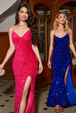 Sparkly Fuchsia Mermaid Spaghetti Straps V-Neck Sequin Long Prom Dress With Split Sparkly Fuchsia Mermaid Spaghetti Straps V-Neck Sequin Long Prom Dress With Split