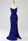 Sparkly Fuchsia Mermaid Spaghetti Straps V-Neck Sequin Long Prom Dress With Split Sparkly Fuchsia Mermaid Spaghetti Straps V-Neck Sequin Long Prom Dress With Split