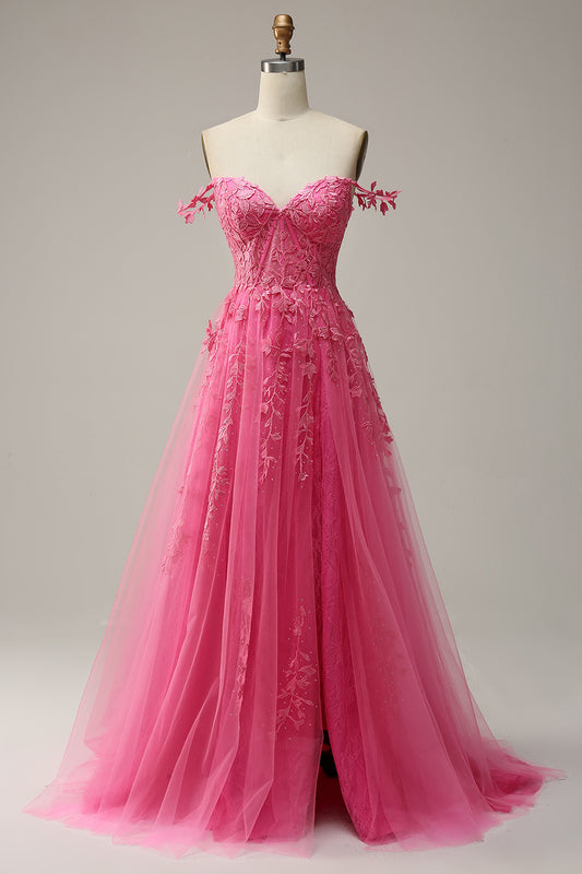 Elegant Hot Pink Off the Shoulder Lace Prom Dress with Slit  Corset Tulle Ball Gown Dress