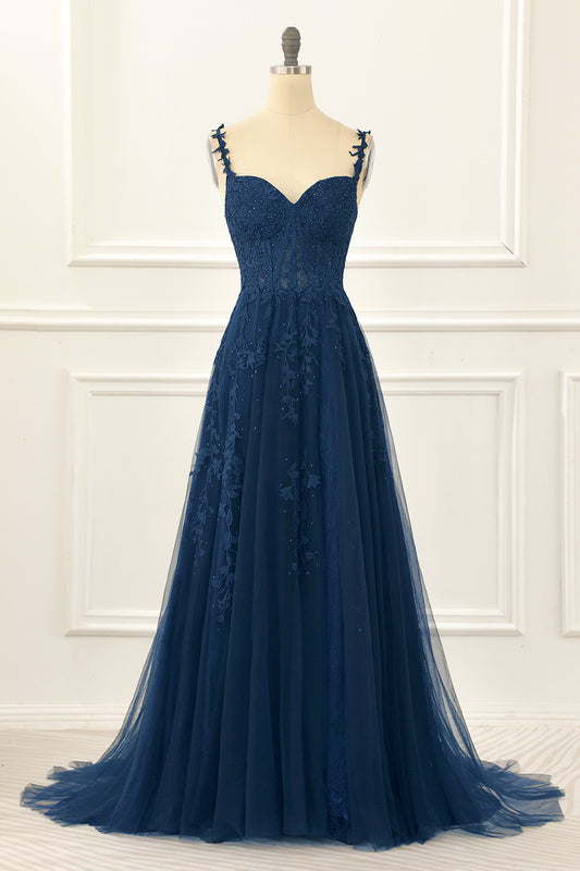 Elegant Navy Off the Shoulder Lace Prom Dress with Slit  Corset Tulle Ball Gown Dress