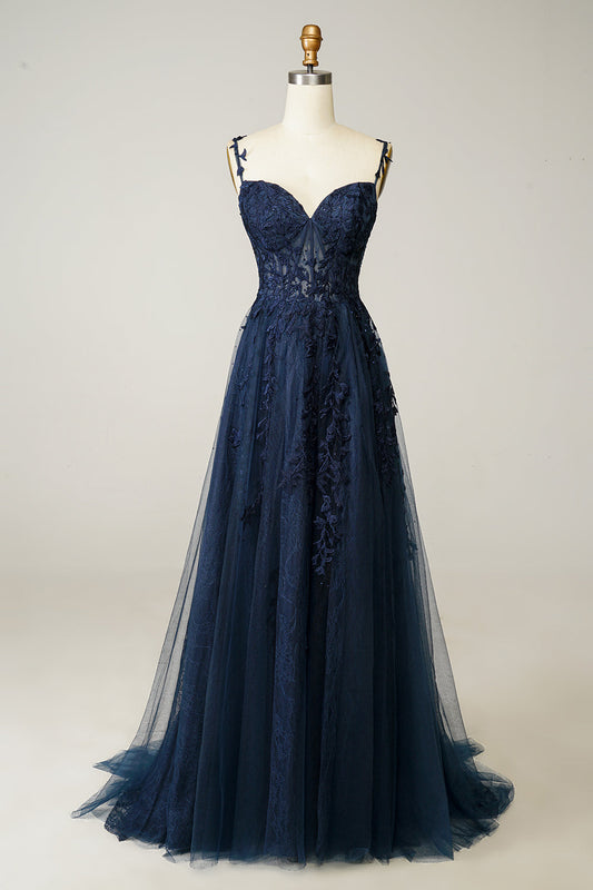 Elegant Navy Off the Shoulder Lace Prom Dress with Slit  Corset Tulle Ball Gown Dress