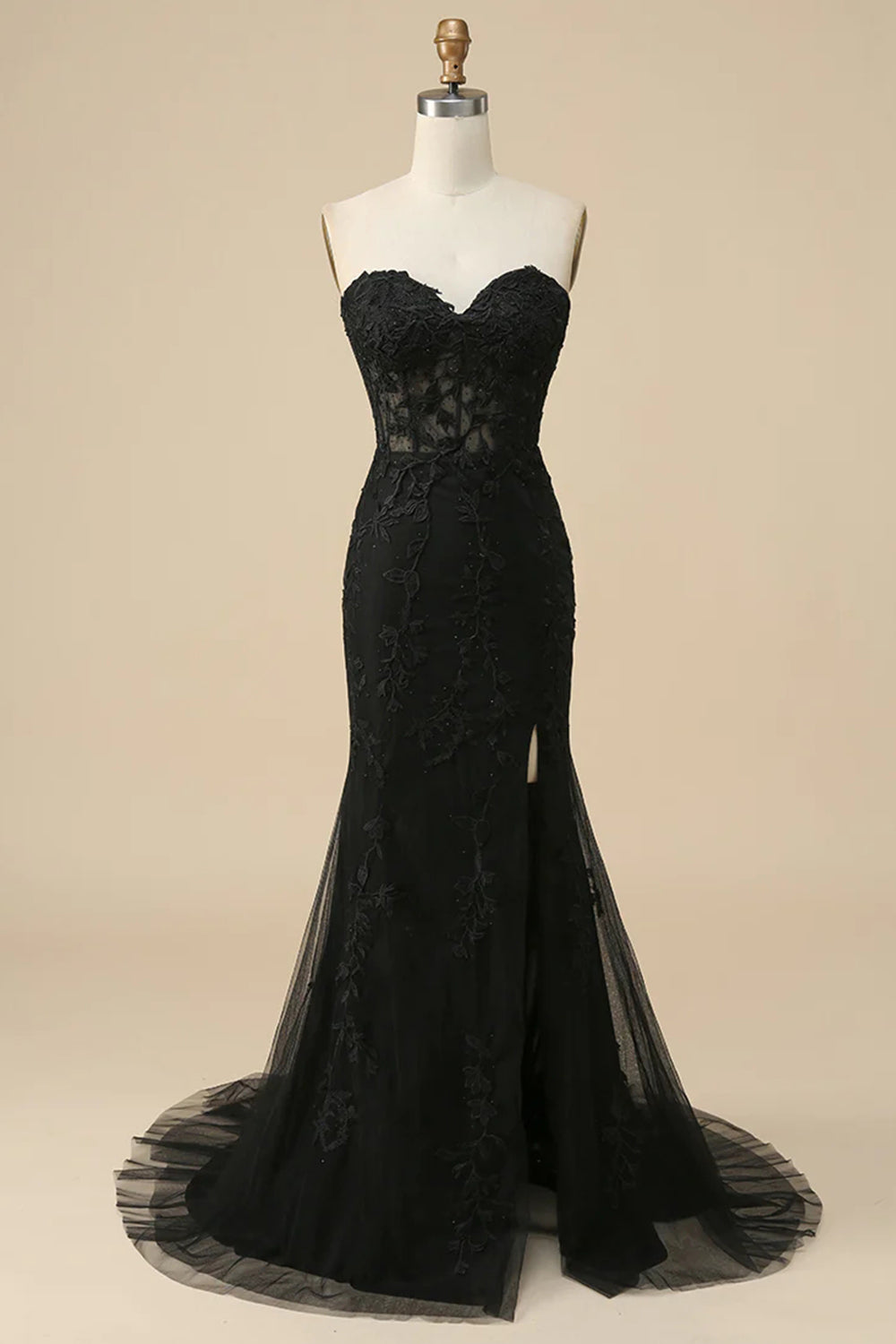Zapakasa Women Black Corset Long Prom Dress with Slit Mermaid Sweetheart Lace Party Dress Zapakasa Women Black Corset Long Prom Dress with Slit Mermaid Sweetheart Lace Party Dress