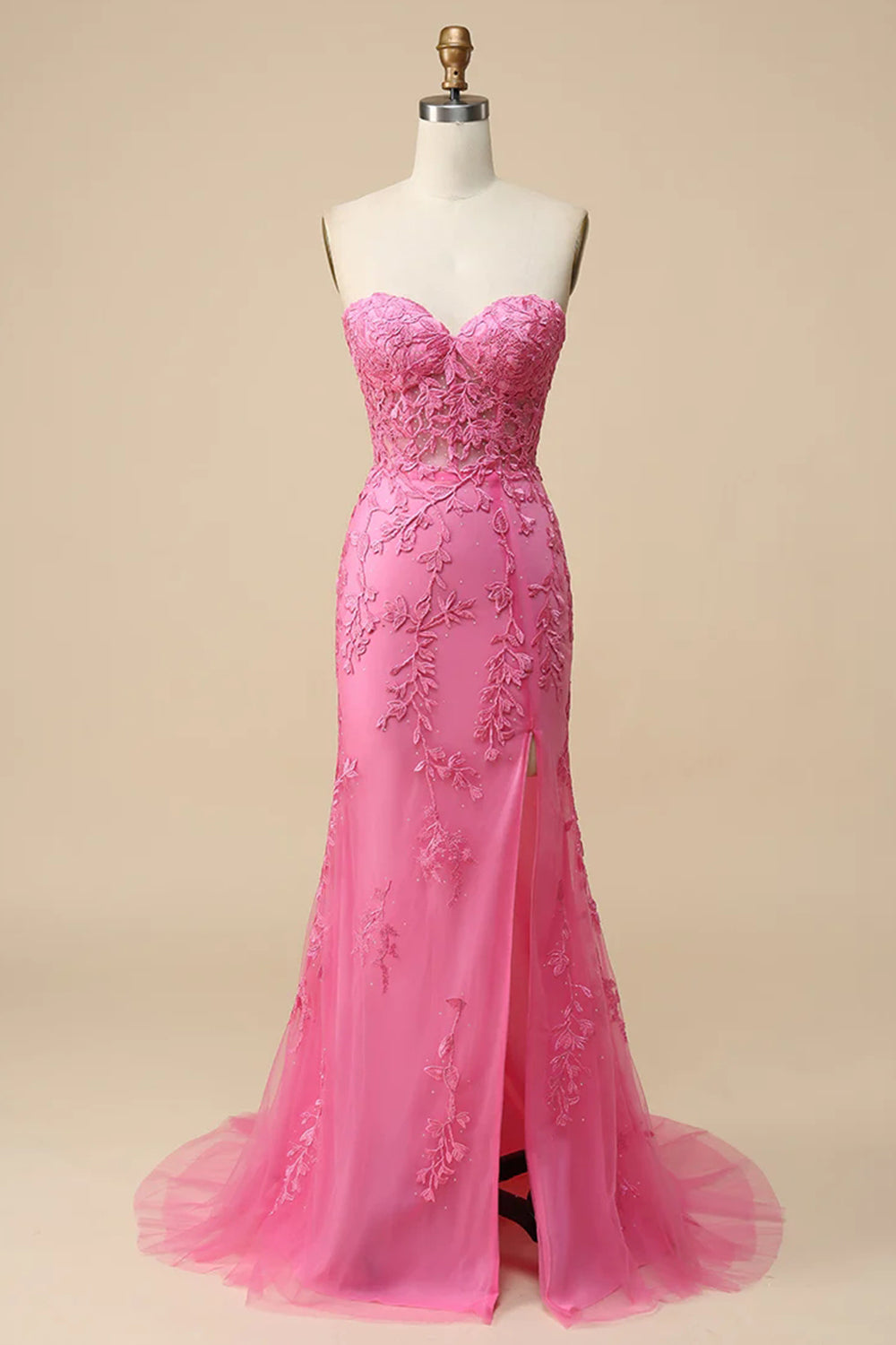 Zapakasa Women Pink Corset Long Prom Dress with Slit Mermaid Sweetheart Lace Party Dress Zapakasa Women Pink Corset Long Prom Dress with Slit Mermaid Sweetheart Lace Party Dress