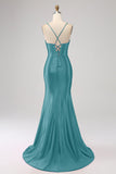 Stunning Black Mermaid Spaghetti Straps Corset Prom Dress with Split Front Stunning Black Mermaid Spaghetti Straps Corset Prom Dress with Split Front