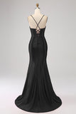 Stunning Black Mermaid Spaghetti Straps Corset Prom Dress with Split Front Stunning Black Mermaid Spaghetti Straps Corset Prom Dress with Split Front