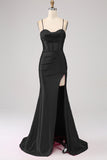 Stunning Black Mermaid Spaghetti Straps Corset Prom Dress with Split Front Stunning Black Mermaid Spaghetti Straps Corset Prom Dress with Split Front