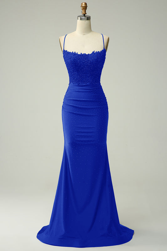 Mermaid Royal Blue Satin Spaghetti Straps Prom Dress