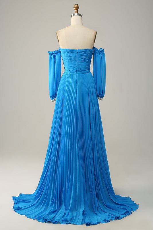 A Line Off the Shoulder Blue Long Prom Dress
