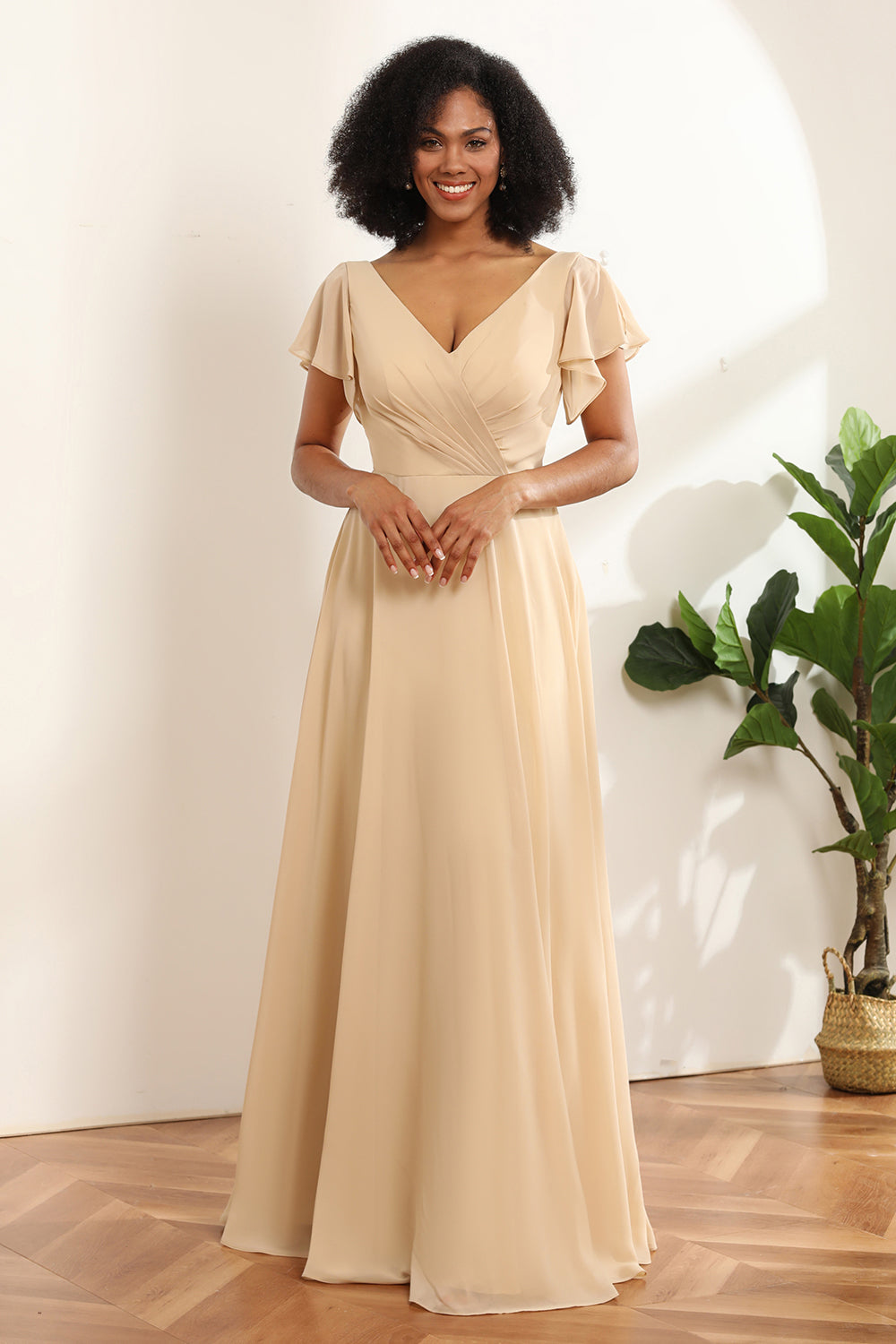 Zapaka Women Champagne V-Neck Cap Sleeves A-Line Long Chiffon Bridesmaid Dress with Ruffles, Chiffon Color / US2 Zapaka Women Champagne V-Neck Cap Sleeves A-Line Long Chiffon Bridesmaid Dress with Ruffles, Chiffon Color / US2