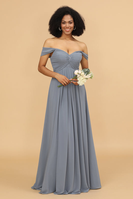 Off The Shoulder Grey Blue Bridesmaid Dress