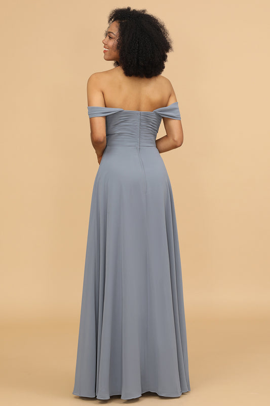 Off The Shoulder Grey Blue Bridesmaid Dress