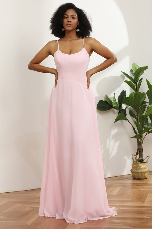 Spaghetti Straps Pink Chiffon Bridesmaid Dress with Pocket