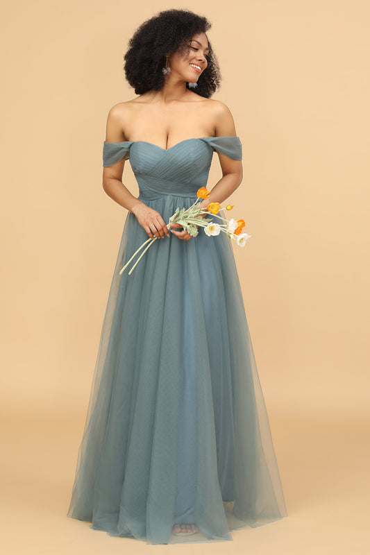Off The Shoulder Grey Blue Long Bridesmaid Dress