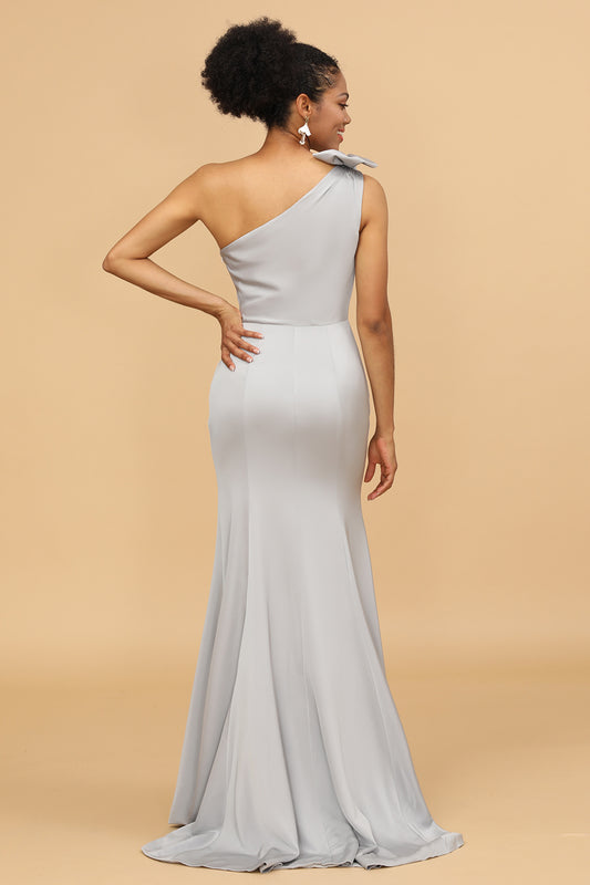 Grey One-shoulder Mermaid Satin Bridesmaid Dress