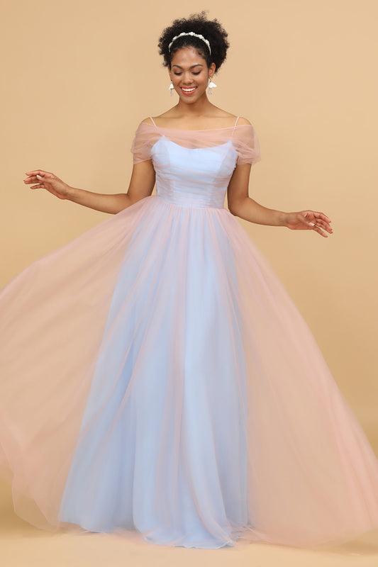 Pink Blue Spaghetti Straps Tulle Bridesmaid Dress