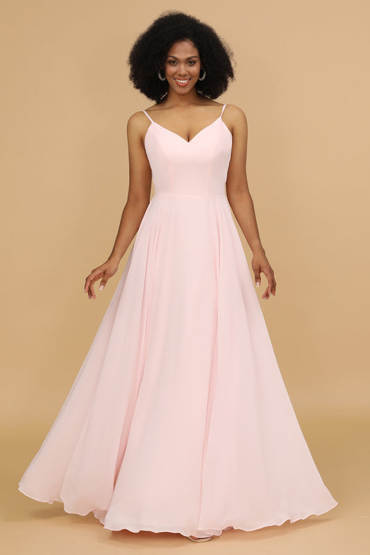 Pink V-neck Spaghetti Straps Bridesmaid Dress