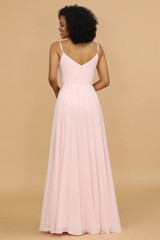Pink V-neck Spaghetti Straps Bridesmaid Dress