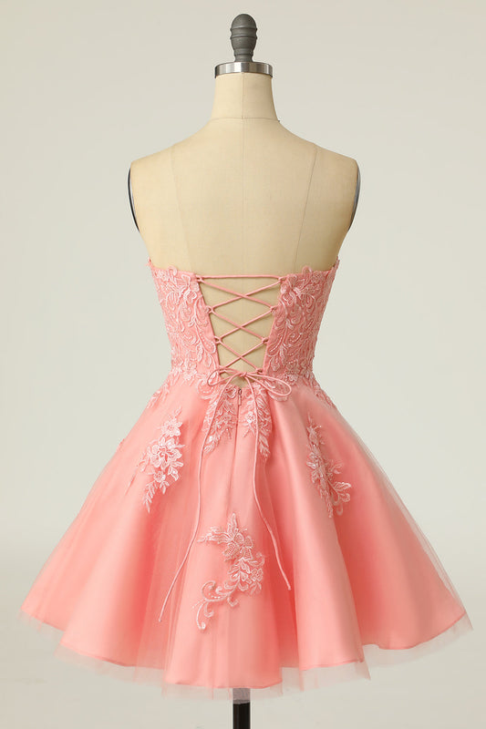 Blush Strapless Short Homecoming Dress with Appliques