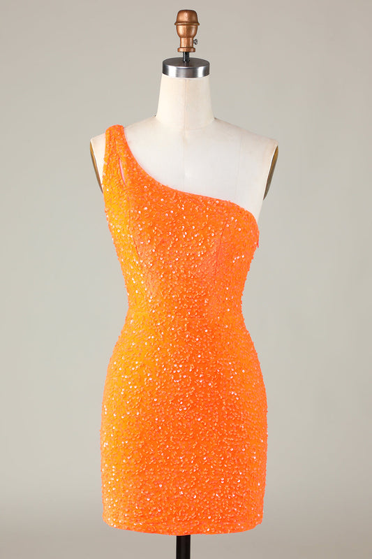 Zapakasa Orange Sequins One-Shoulder Tight Short Homecoming Dresses Sparkly Backless Cocktail Dress