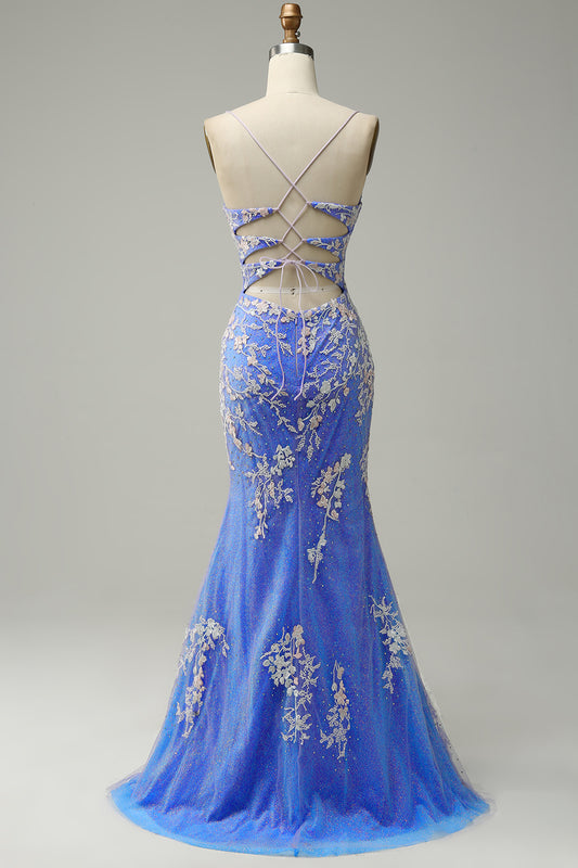 Mermaid V Neck Light Blue Beaded Long Prom Dress with Appliques