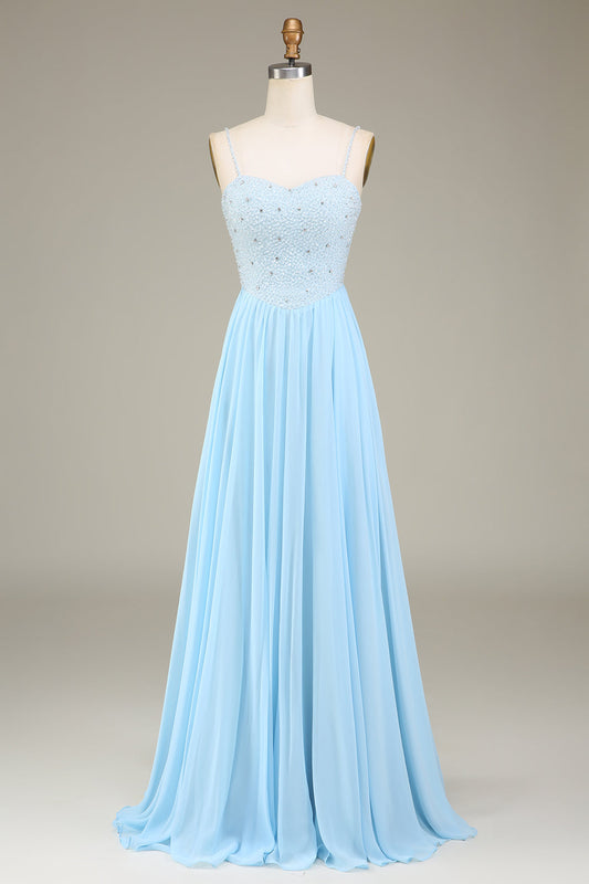 Sky Blue A-Line Spaghetti Straps Chiffon Long Bridesmaid Dress With Beading