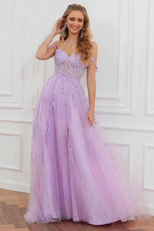 Elegant Purple Off the Shoulder Lace Prom Dress with Slit  Corset Tulle Ball Gown Dress