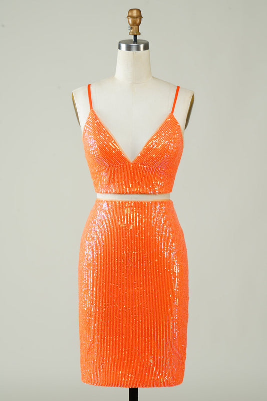 Two Piece Orange Sequins Tight Homecoming Dress
