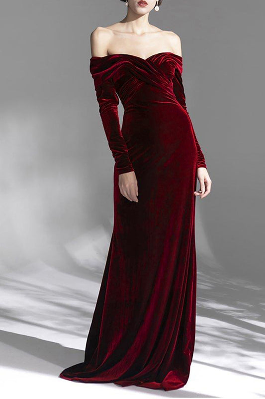Burgundy Velvet Long Sleeves Holiday Party Dress Sheath Ruched Off the Shoulder Floor Length Evening Dress