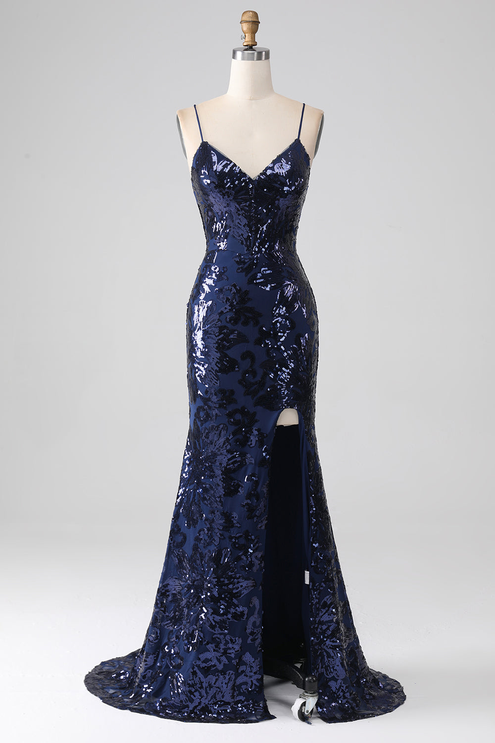 Zapakasa Women Navy Prom Dress Shimmering Sequin Mermaid Spaghetti Strap Evening Dress with Slit Zapakasa Women Navy Prom Dress Shimmering Sequin Mermaid Spaghetti Strap Evening Dress with Slit