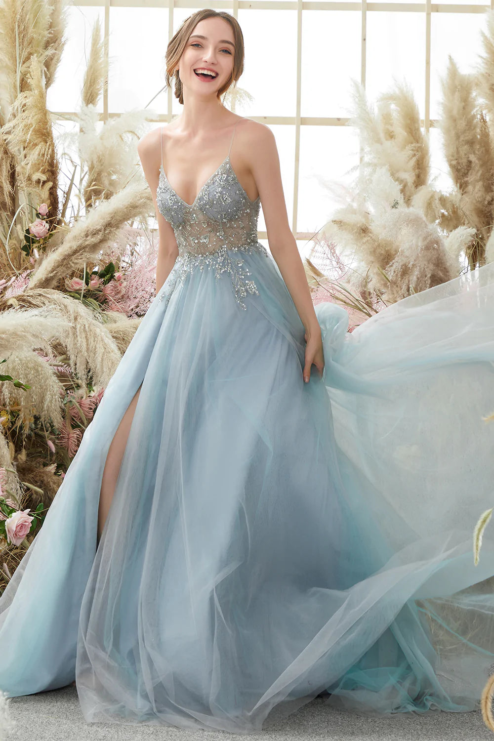 Zapakasa Women Tulle Light Blue Prom Dress A-Line Spaghetti Straps Party Dress With Open Back Zapakasa Women Tulle Light Blue Prom Dress A-Line Spaghetti Straps Party Dress With Open Back