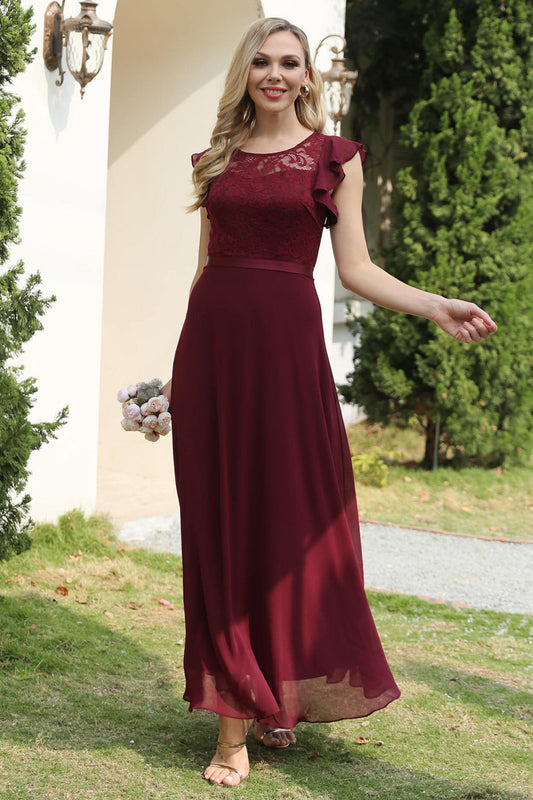 Burgundy Lace Chiffon Bridesmaid Dress