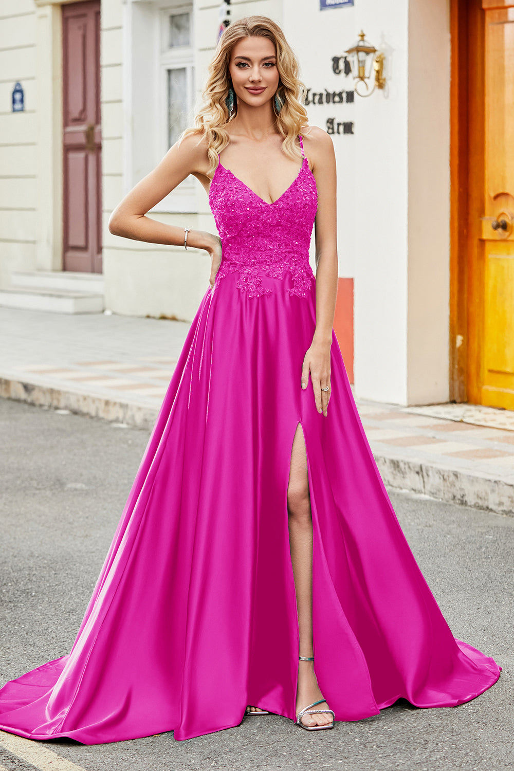 Zapaka Women Fuchsia Prom Dress A-Line Spaghetti Straps Long Evening Party Dress with Slit, Fuchsia / US10 Zapaka Women Fuchsia Prom Dress A-Line Spaghetti Straps Long Evening Party Dress with Slit, Fuchsia / US10