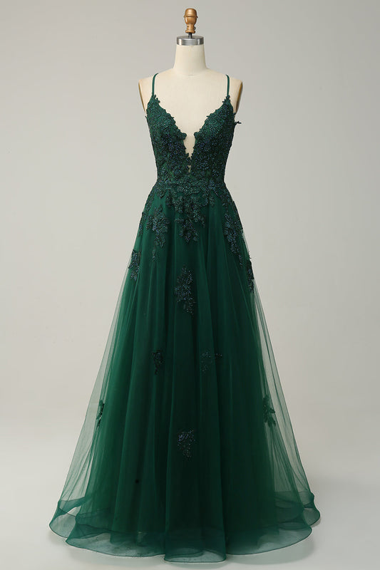 Dark Green Spaghetti Straps Appliques A Line Prom Dress Lace-up Back Deep V-Neck Evening Dress
