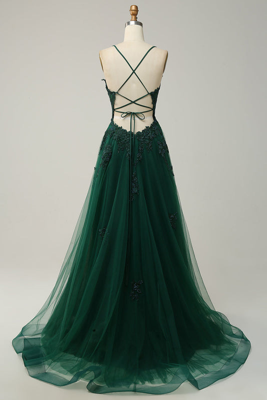Dark Green Spaghetti Straps Appliques Tulle Prom Dress