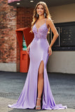 Lilac Mermaid V Neck Open Back Beaded Appliques Prom Dresses with Slit Lilac Mermaid V Neck Open Back Beaded Appliques Prom Dresses with Slit