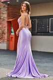 Lilac Mermaid V Neck Open Back Beaded Appliques Prom Dresses with Slit Lilac Mermaid V Neck Open Back Beaded Appliques Prom Dresses with Slit