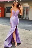 Lilac Mermaid V Neck Open Back Beaded Appliques Prom Dresses with Slit Lilac Mermaid V Neck Open Back Beaded Appliques Prom Dresses with Slit