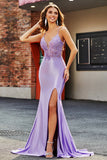 Lilac Mermaid V Neck Open Back Beaded Appliques Prom Dresses with Slit Lilac Mermaid V Neck Open Back Beaded Appliques Prom Dresses with Slit