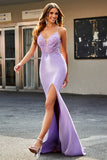 Lilac Mermaid V Neck Open Back Beaded Appliques Prom Dresses with Slit Lilac Mermaid V Neck Open Back Beaded Appliques Prom Dresses with Slit