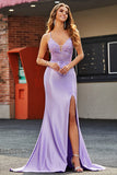 Lilac Mermaid V Neck Open Back Beaded Appliques Prom Dresses with Slit Lilac Mermaid V Neck Open Back Beaded Appliques Prom Dresses with Slit