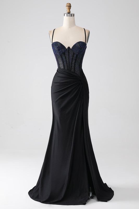 Black Prom Dress Mermaid Spaghetti Straps Long Corset Evening Dress With Beading