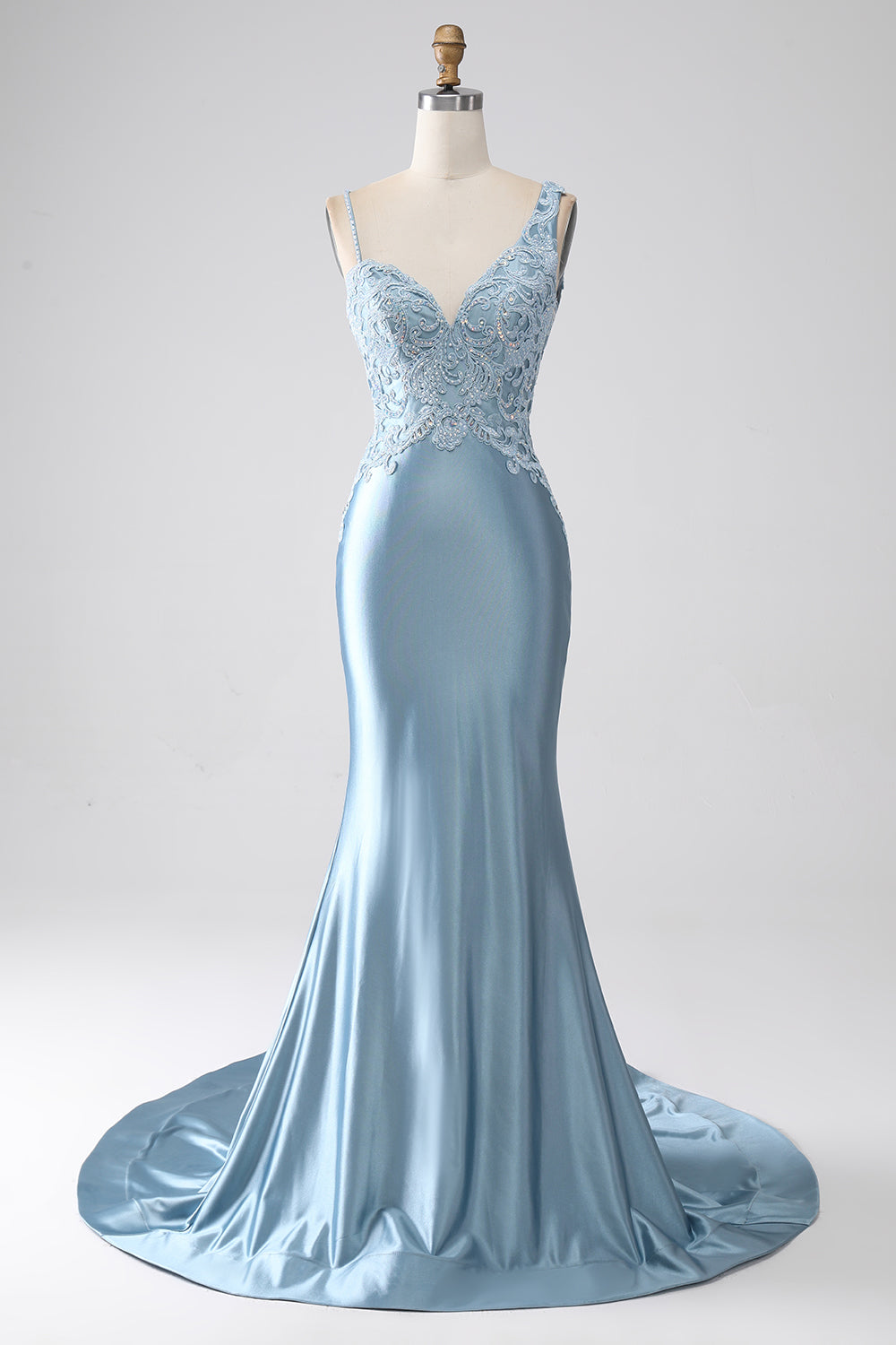 Grey Blue Mermaid Spaghetti Straps Long Beaded Prom Dress With Appliques Grey Blue Mermaid Spaghetti Straps Long Beaded Prom Dress With Appliques