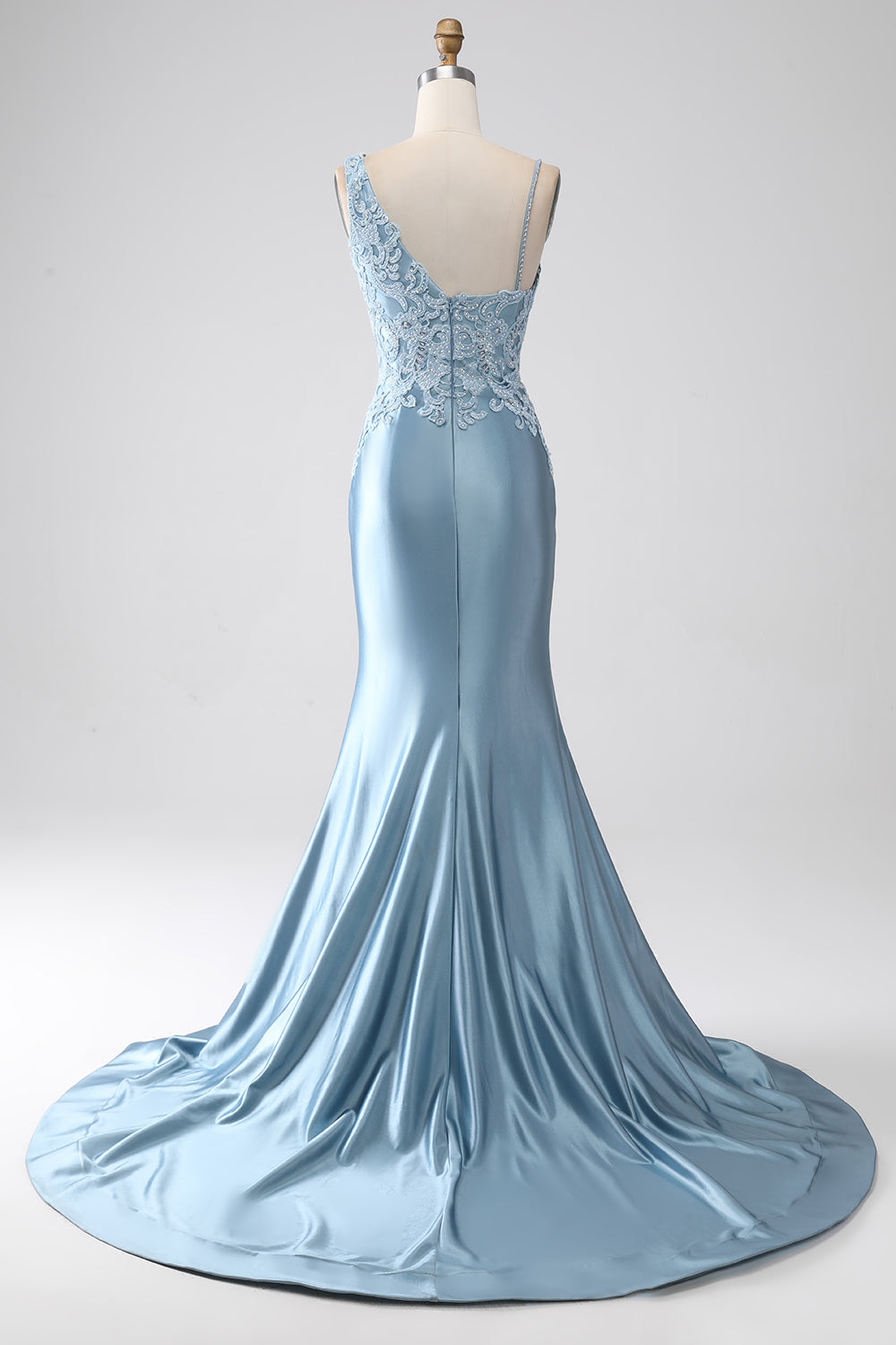 Grey Blue Mermaid Spaghetti Straps Long Beaded Prom Dress With Appliques Grey Blue Mermaid Spaghetti Straps Long Beaded Prom Dress With Appliques