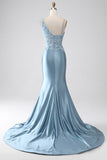 Grey Blue Mermaid Spaghetti Straps Long Beaded Prom Dress With Appliques Grey Blue Mermaid Spaghetti Straps Long Beaded Prom Dress With Appliques