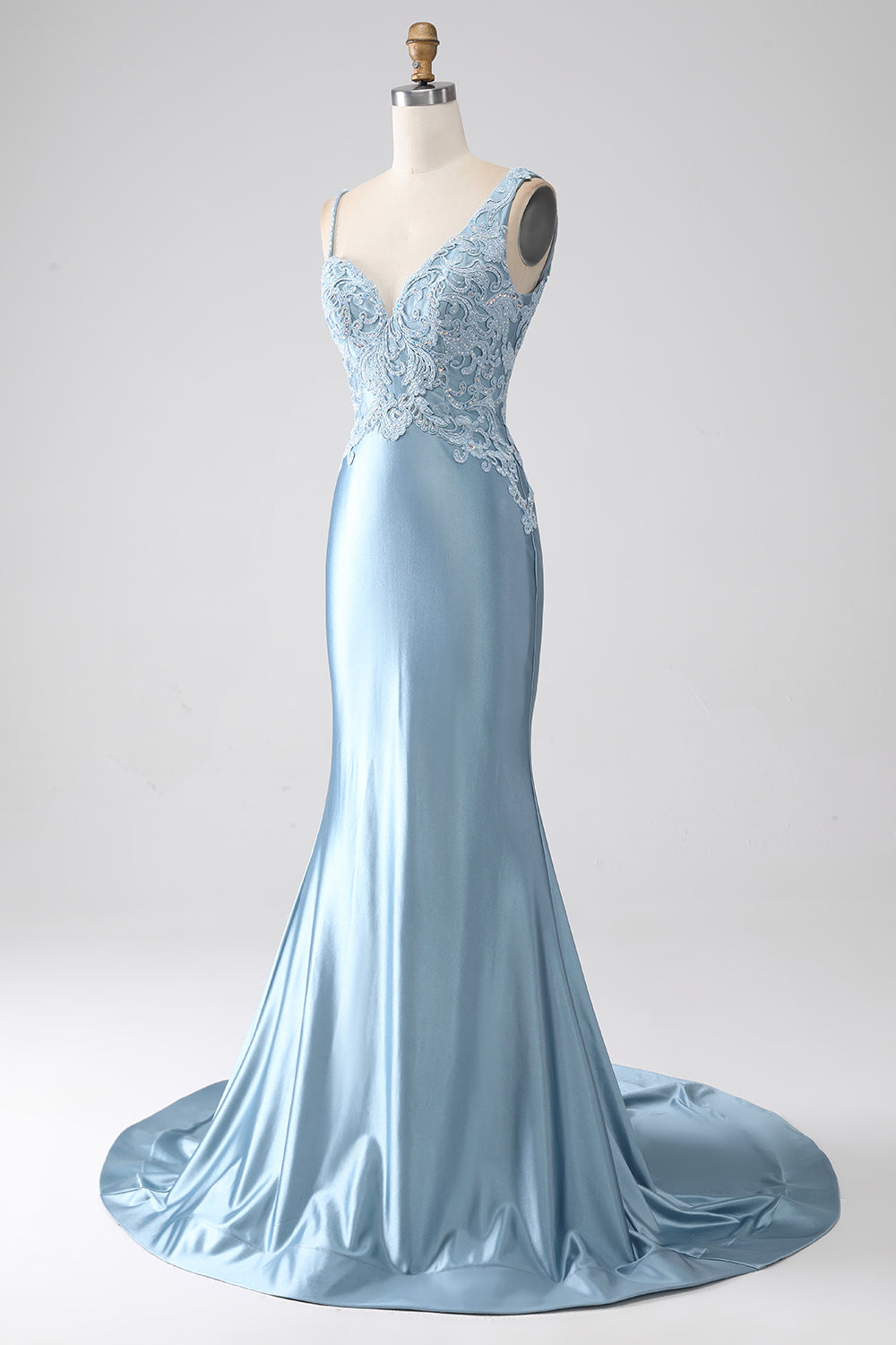 Grey Blue Mermaid Spaghetti Straps Long Beaded Prom Dress With Appliques Grey Blue Mermaid Spaghetti Straps Long Beaded Prom Dress With Appliques