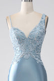 Grey Blue Mermaid Spaghetti Straps Long Beaded Prom Dress With Appliques Grey Blue Mermaid Spaghetti Straps Long Beaded Prom Dress With Appliques