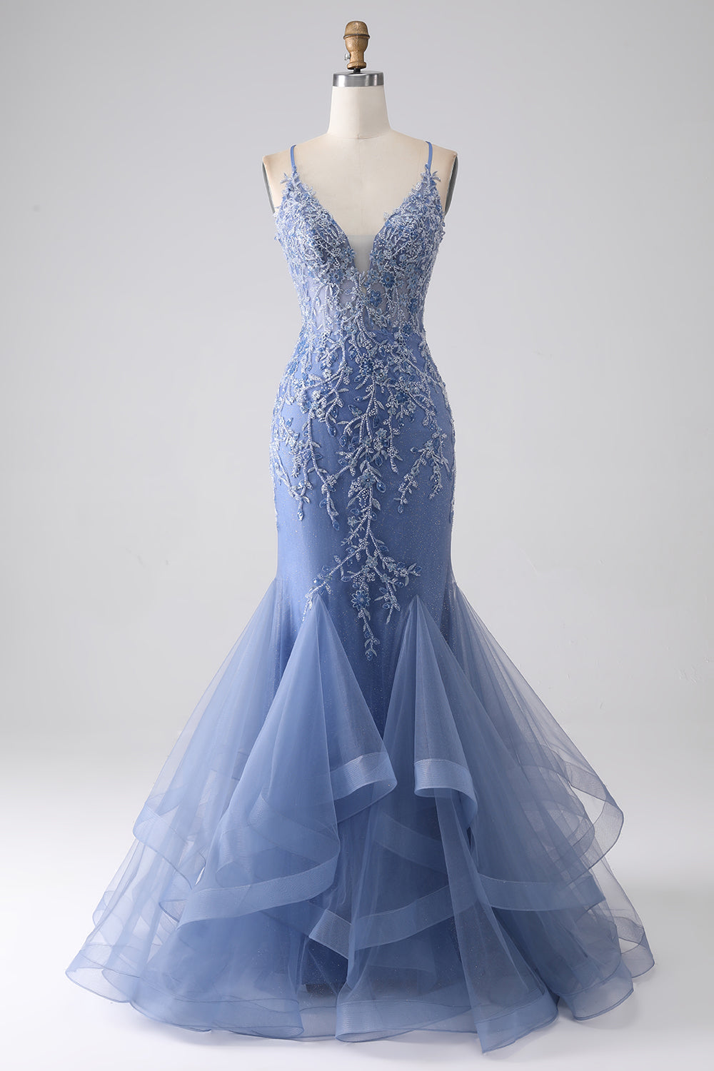 Grey Blue Mermaid Spaghetti Strap Beaded Backless Prom Dress With Appliques Grey Blue Mermaid Spaghetti Strap Beaded Backless Prom Dress With Appliques