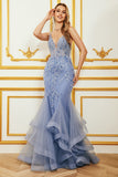 Mermaid Spaghetti Strap Beaded Backless Grey Blue Prom Dress With Appliques Mermaid Spaghetti Strap Beaded Backless Grey Blue Prom Dress With Appliques